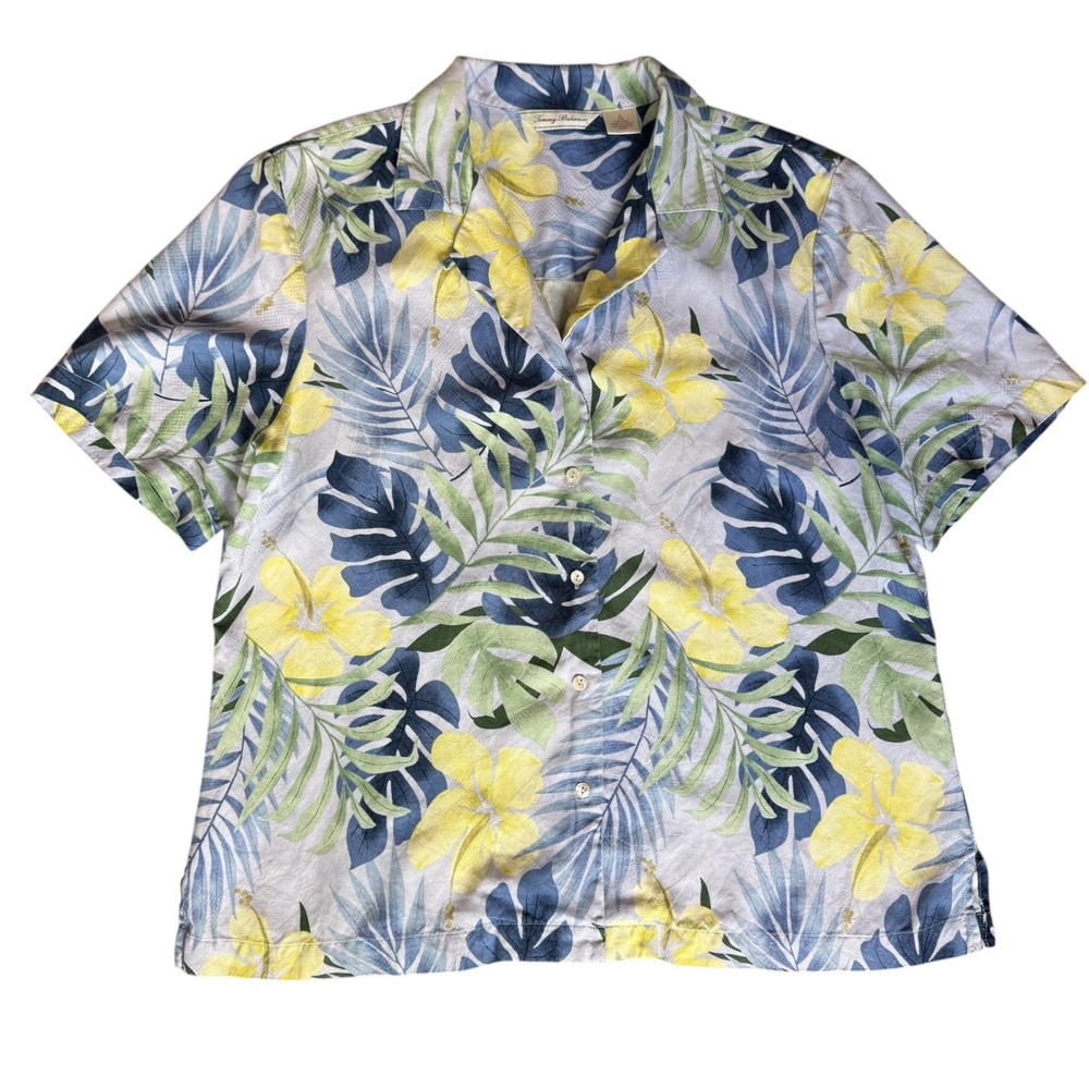 Tommy Bahama Women's 100% Silk Camp Shirt XL Tropical Floral Blue Yellow Leaf)